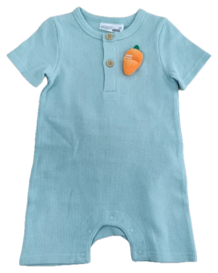 Aqua waffle short-sleeve romper with carrot applique