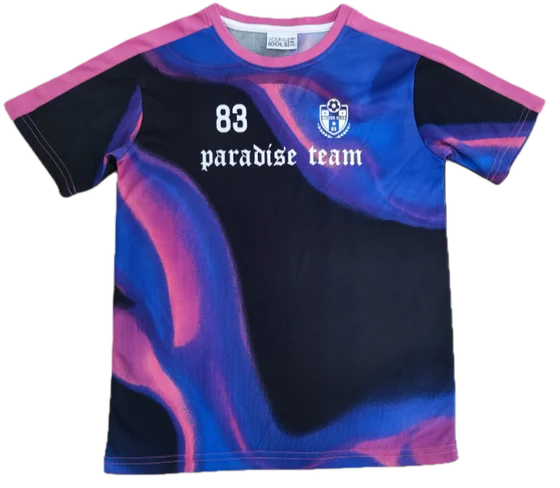 Pink and blue swirl 'paradise team 83' sports jersey tee