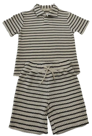 Striped crochet knit polo shirt and shorts set