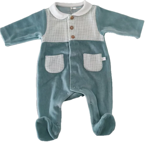 Teal velour footed sleepsuit, gingham chest panel, white collar