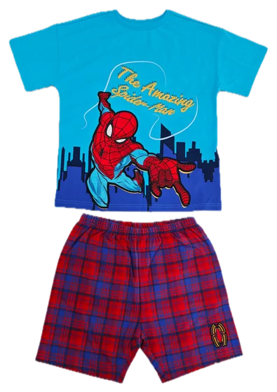 blue Spider-Man tee with red plaid shorts set