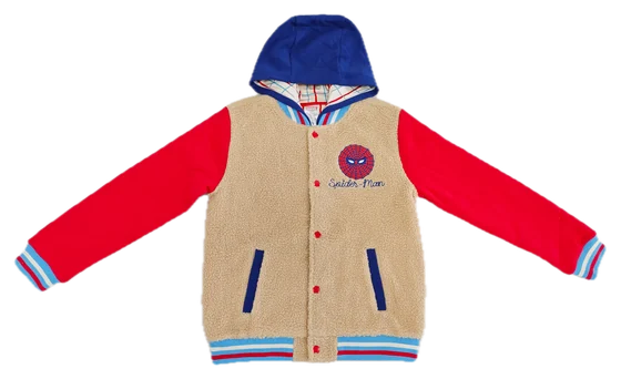 tan sherpa Spider-Man varsity hoodie, red sleeves