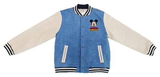 blue denim varsity jacket with Mickey & Friends chest patch