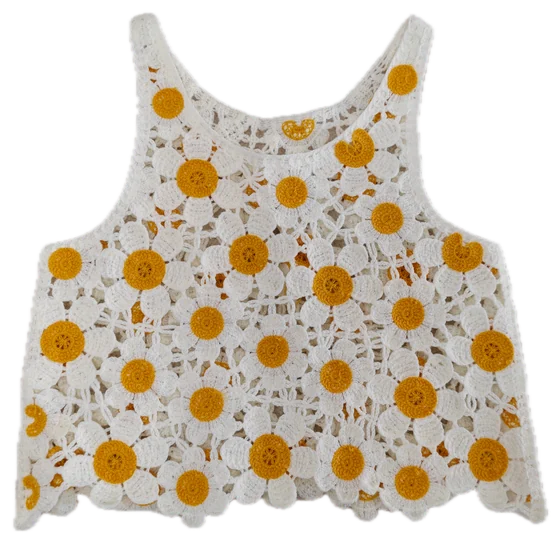 white crochet daisy sleeveless top with yellow centres