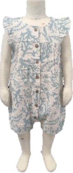 Sleeveless blue toile print button-front shortall romper
