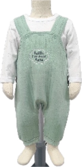 Green corduroy embroidered overalls with white long-sleeve top