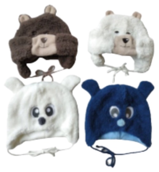 Four fleece animal-ear baby winter hats with ties