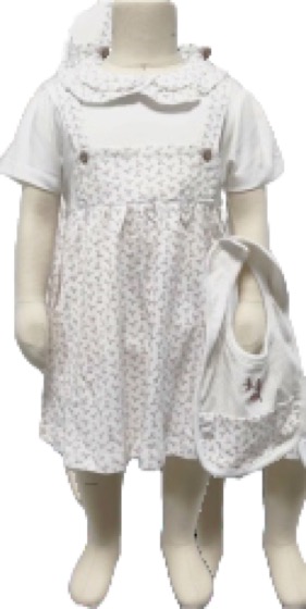 Floral pinafore dress with white top and matching bag