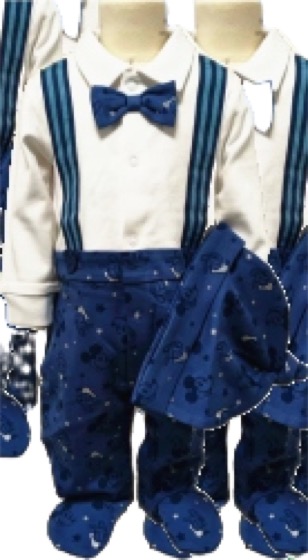 Navy suspender outfit with bow tie and hat