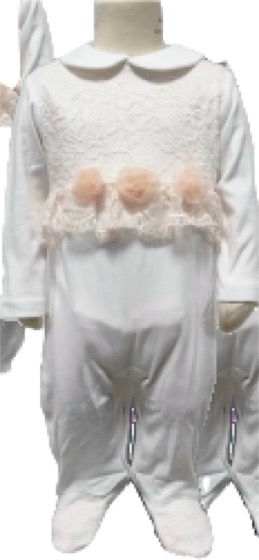 White footed sleepsuit with lace and pom-pom trim