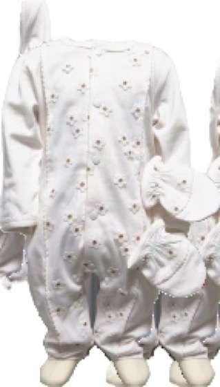 White printed sleepsuit with matching hat and booties