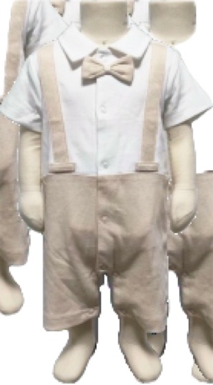 White shirt with beige suspender shorts and bow tie