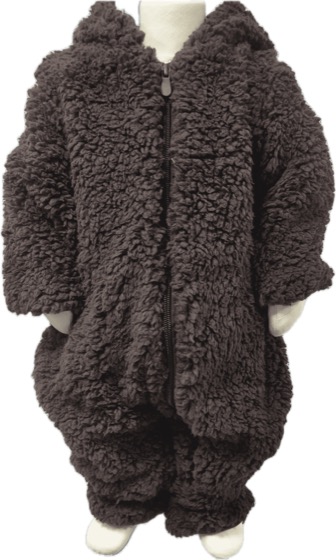 Brown fluffy sherpa hooded zip-up one-piece pramsuit