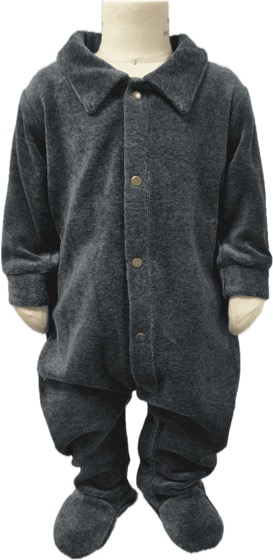 Charcoal velour footed sleepsuit with collar and snaps