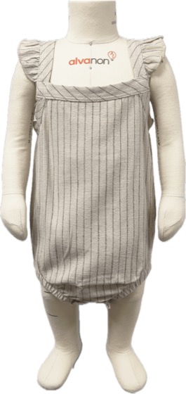 Striped sleeveless bubble romper with ruffle shoulder straps