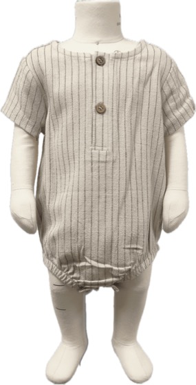 Cream pinstripe short-sleeve button bubble romper