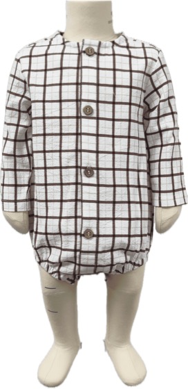 Windowpane check long-sleeve button-front bubble romper