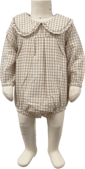 Beige gingham long-sleeve bubble romper, ruffled collar