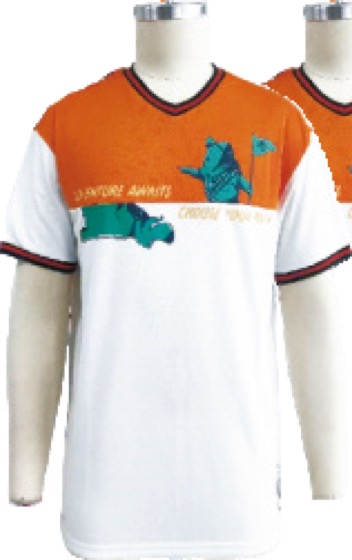 White-orange V-neck tee with dinosaur adventure print