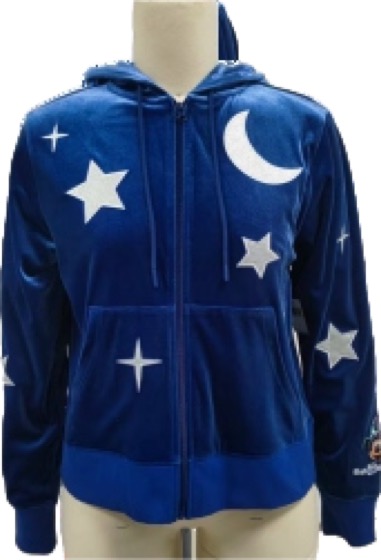 Blue velour zip hoodie with moon and stars applique