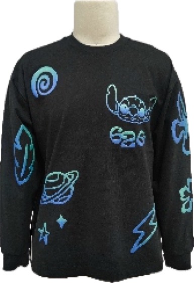Black crewneck sweatshirt with Stitch 626 print