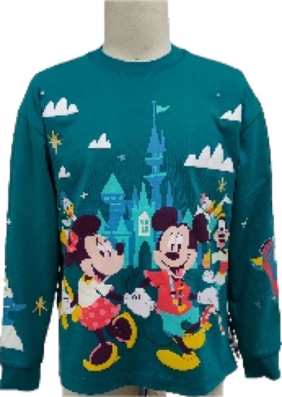 Teal long-sleeve tee, Mickey and Minnie castle print