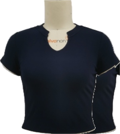 Navy fitted short-sleeve women's tee on mannequin