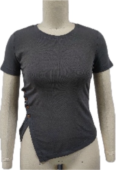 Grey fitted tee with asymmetric buttoned hem