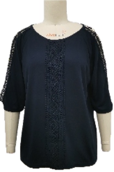 Navy three-quarter-sleeve blouse with lace panel