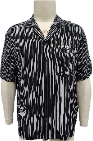 Black-white striped camp shirt with small embroidery
