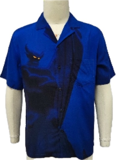 Royal blue camp shirt with cat face graphic