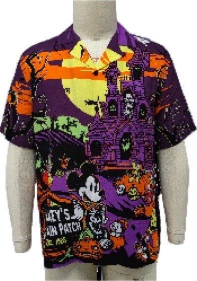Purple Halloween camp shirt, Mickey pumpkin patch print