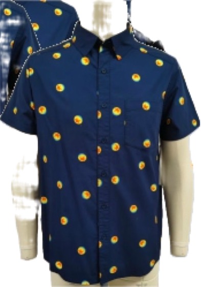 Navy short-sleeve shirt with orange dot print