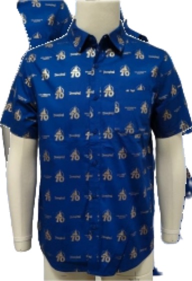 Blue short-sleeve shirt with gold motif print