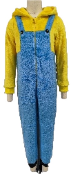 Minion-style yellow and blue fluffy hooded onesie