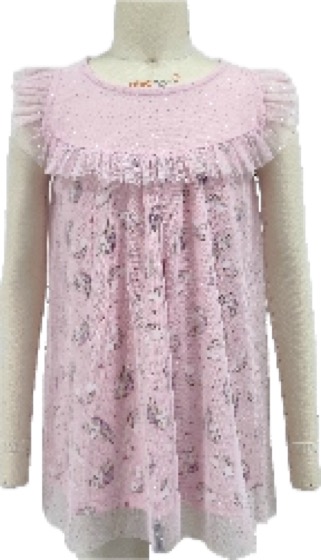 Pink sleeveless mesh-overlay printed dress with ruffle yoke
