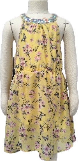 Yellow floral sleeveless dress with embellished neckline
