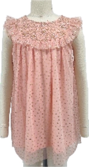 Pink chiffon sleeveless dress, ruffled yoke, gold dots