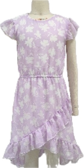 Lilac floral wrap dress with ruffle hem, flutter sleeves