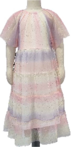 Pastel pink tiered tulle sparkle dress, sheer sleeves