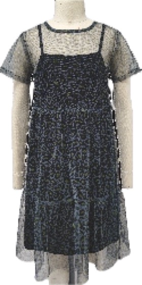 Dark tiered mesh-overlay pinafore dress over tee
