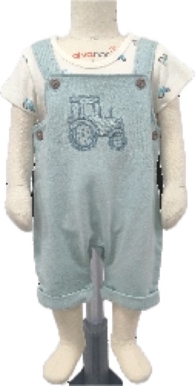Blue tractor-embroidered shortall overalls with white tee