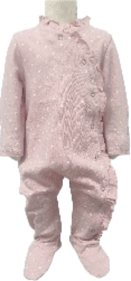 Pink dotted footed sleepsuit with ruffle trim