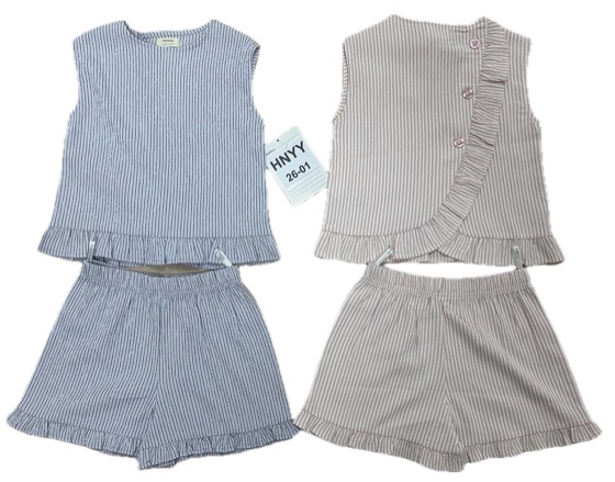 Two striped sleeveless top and ruffle shorts sets