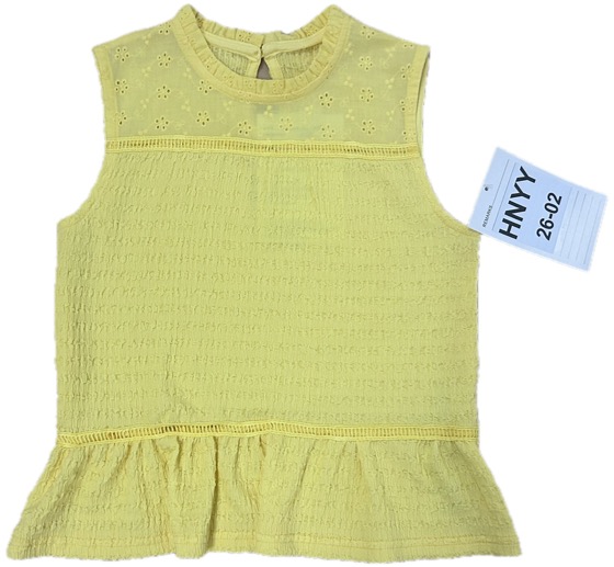Yellow sleeveless eyelet peplum top, front view