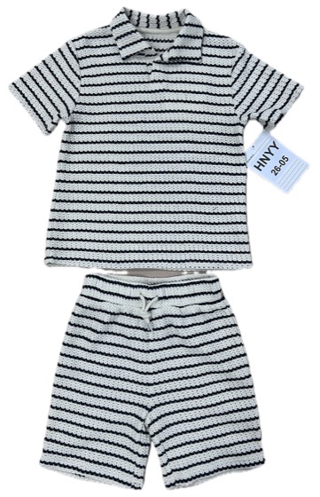 Navy striped crochet-knit polo and shorts set, front