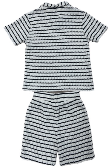 Navy striped crochet-knit polo and shorts set, back