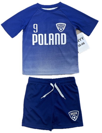 Blue Poland 9 soccer crest tee and shorts set, front