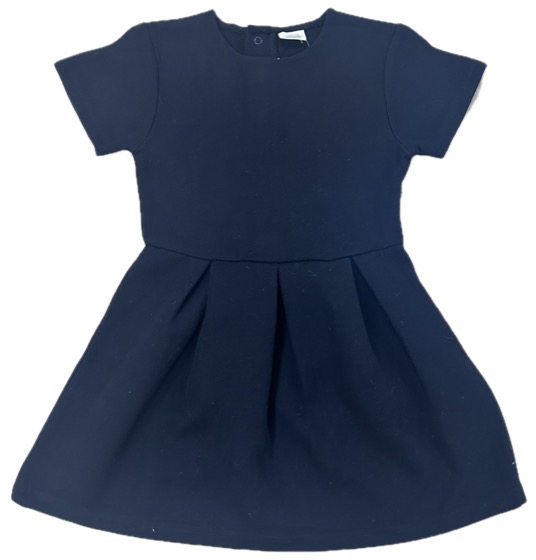 Navy short-sleeve pleated skater dress, front