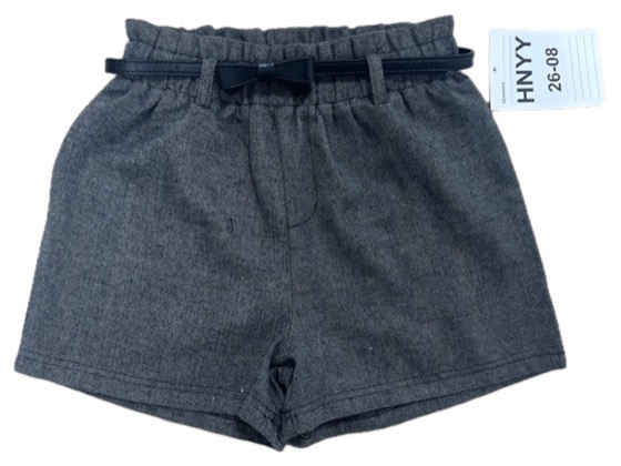 Grey herringbone paperbag-waist shorts with belt, front